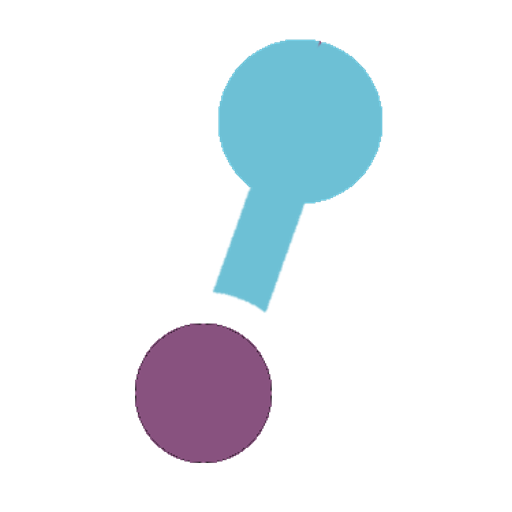 A simple illustration of a question mark symbol, with a light blue circle and stem on top and a purple circular dot below it. The design is minimalist and appears as a logo or icon.