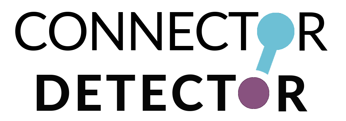 Logo for 'Connector Detector' in bold black capital letters, with a stylized connector mark design incorporated into the text. The connector mark consists of a light blue top and purple dot, which replace the letter 'O' in each word.