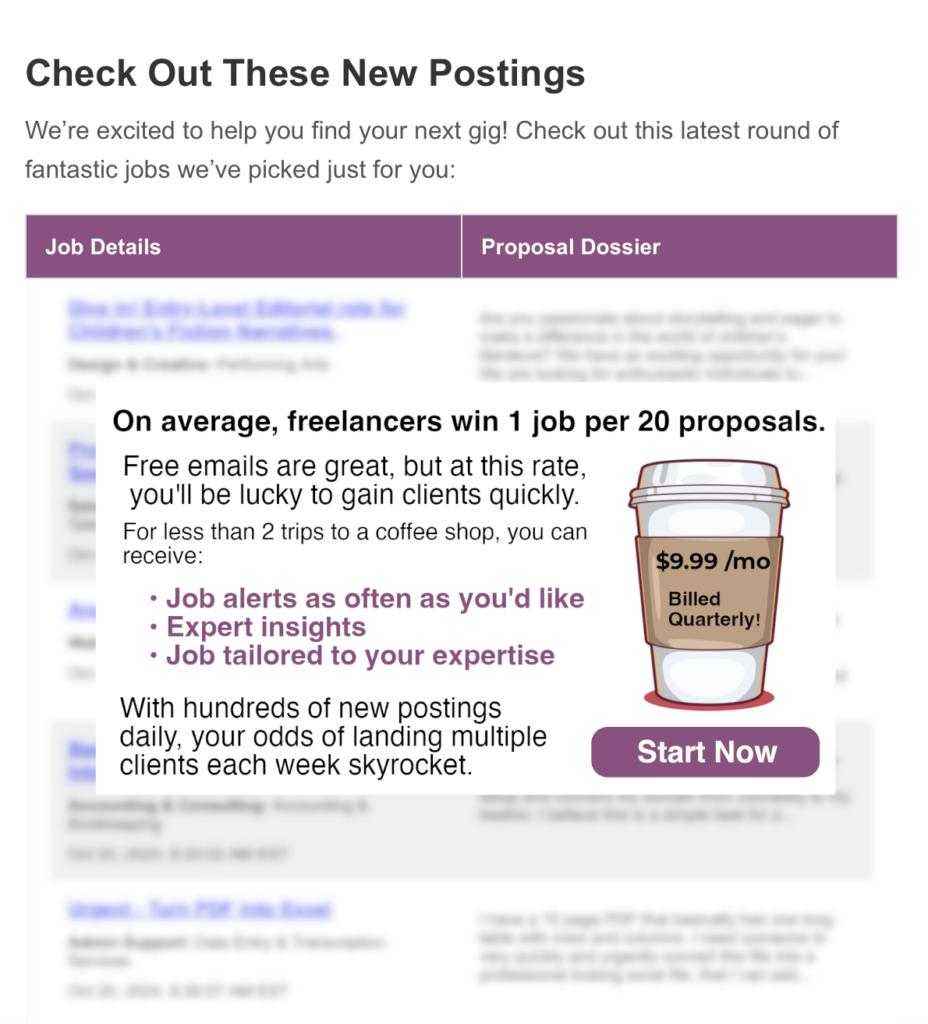 Screenshot of a job board subscription offer page titled 'Check Out These New Postings.' Features a premium subscription promotion comparing $9.99/month (billed quarterly) to the cost of two coffee shop visits. The page highlights statistics about freelancer success rates (1 job per 20 proposals) and benefits including customized job alerts, expert insights, and tailored job matches. The layout includes a job listings table with blurred background content and a purple 'Start Now' button. A coffee cup illustration accompanies the pricing information.