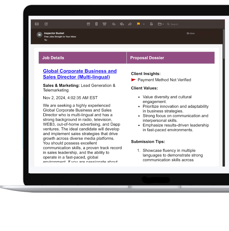 Job posting screenshot from Inspector Bucket platform for a Global Corporate Business and Sales Director position. The interface shows a two-column layout with Job Details on the left and Proposal Dossier on the right. The posting details a multi-lingual sales leadership role in lead generation and telemarketing posted on Nov 2, 2024. The right column displays client values including diversity, innovation, and communication skills, along with submission tips. A red flag indicates 'Payment Method Not Verified'. The posting appears within a laptop/device frame.